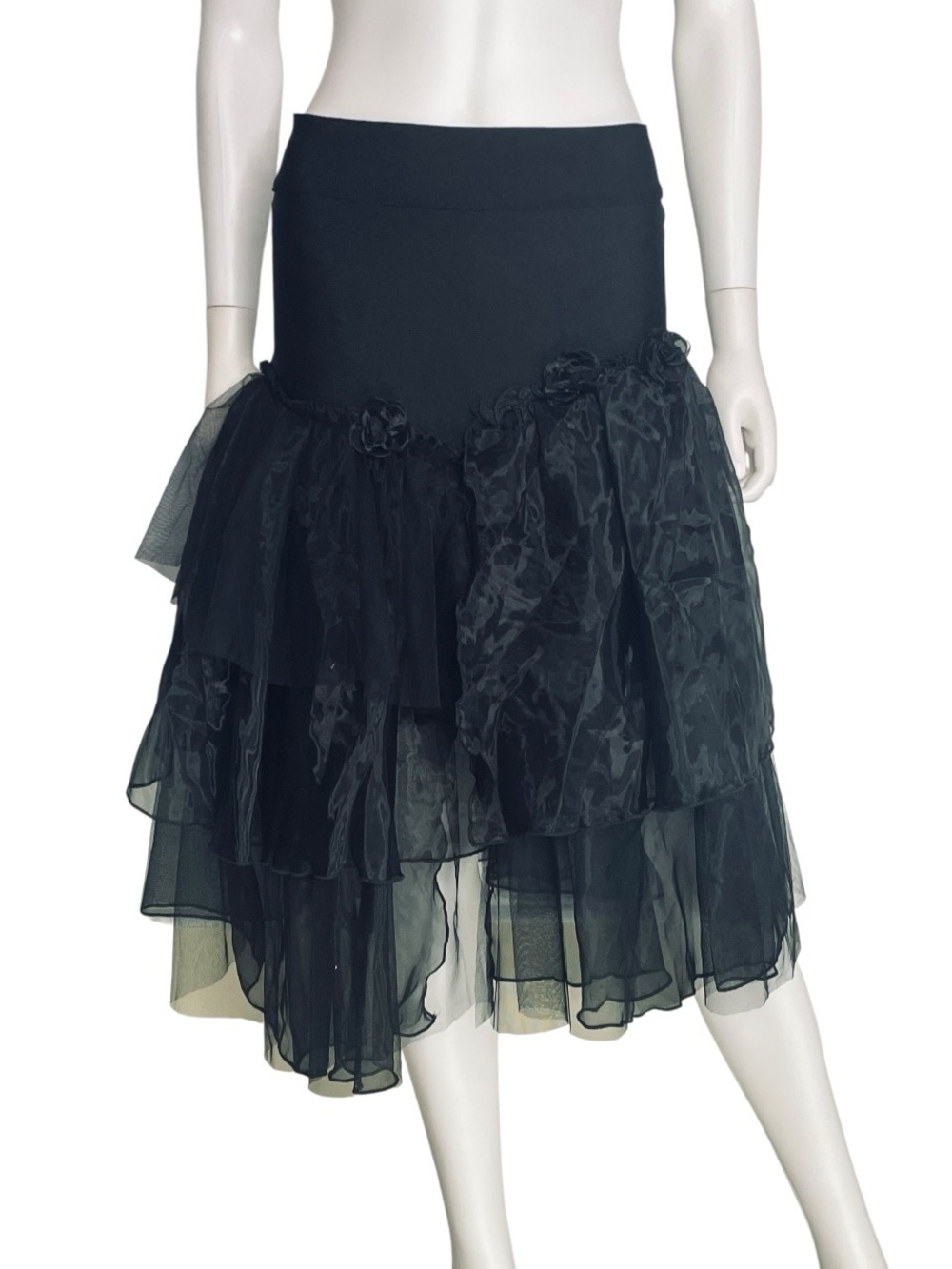 NWT Gracia Black Tiered Ruffle Mesh Skirt Size M Rosette Lined Boho Gothic $104 - Picture 2 of 6